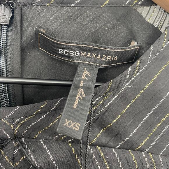 BCBGMAXAZRIA Ruffled Fit & Flare Mini Dress Metallic Lurex Stripe Black NEW XXS - Picture 9 of 13